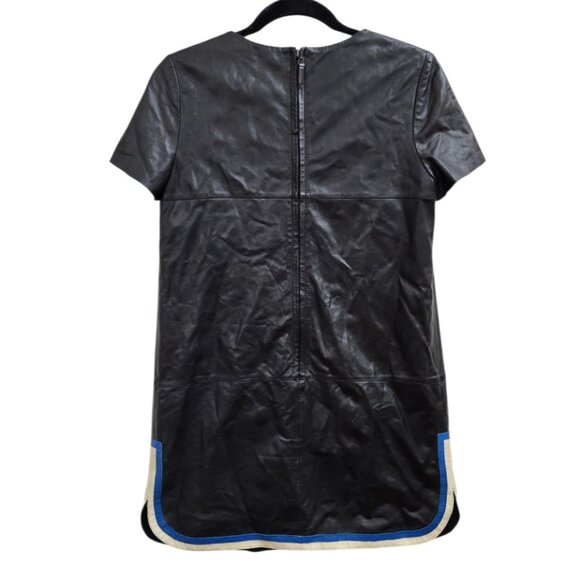 Women's Black Faux Leather Dress M Short Sleeve Mod Style Pockets & Trim - Picture 5 of 9